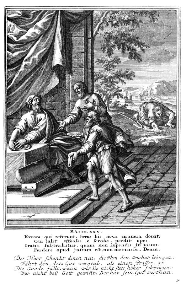 Illustrazione della parabola dei talenti, da una xilografia del 1712. Due servi presentano i loro talenti mentre l'altro scava per dissotterrare il proprio
